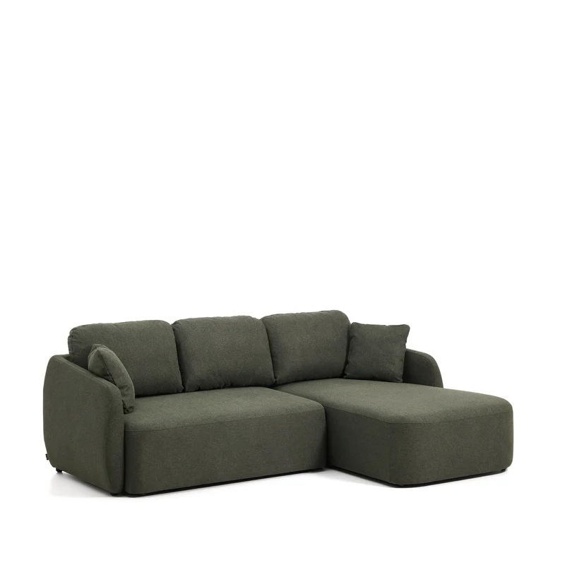 Laira 3-seater sofa bed with right chaise longue in dark green chenille 246cm FSC Mix Credit