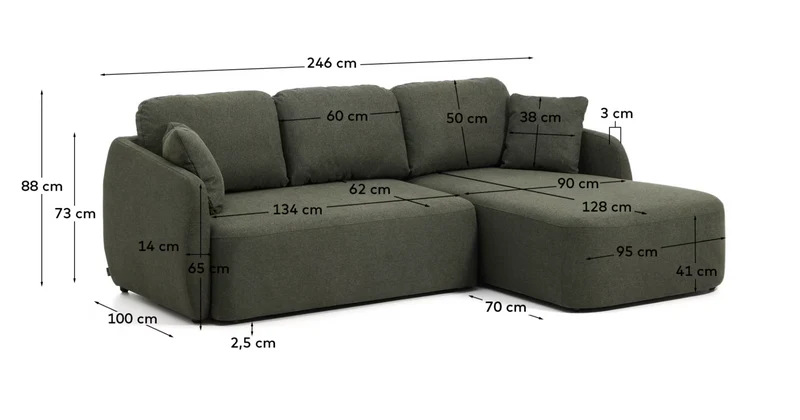 Laira 3-seater sofa bed with right chaise longue in dark green chenille 246cm FSC Mix Credit