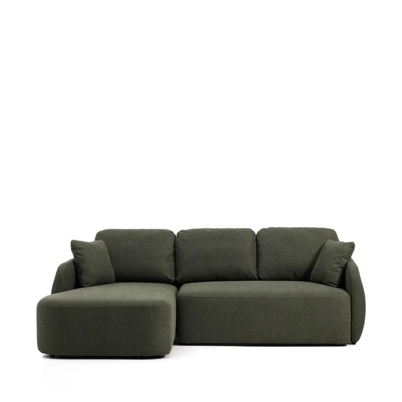 Laira 3-seater sofa bed with left chaise longue in dark green chenille 246cm FSC Mix Credit