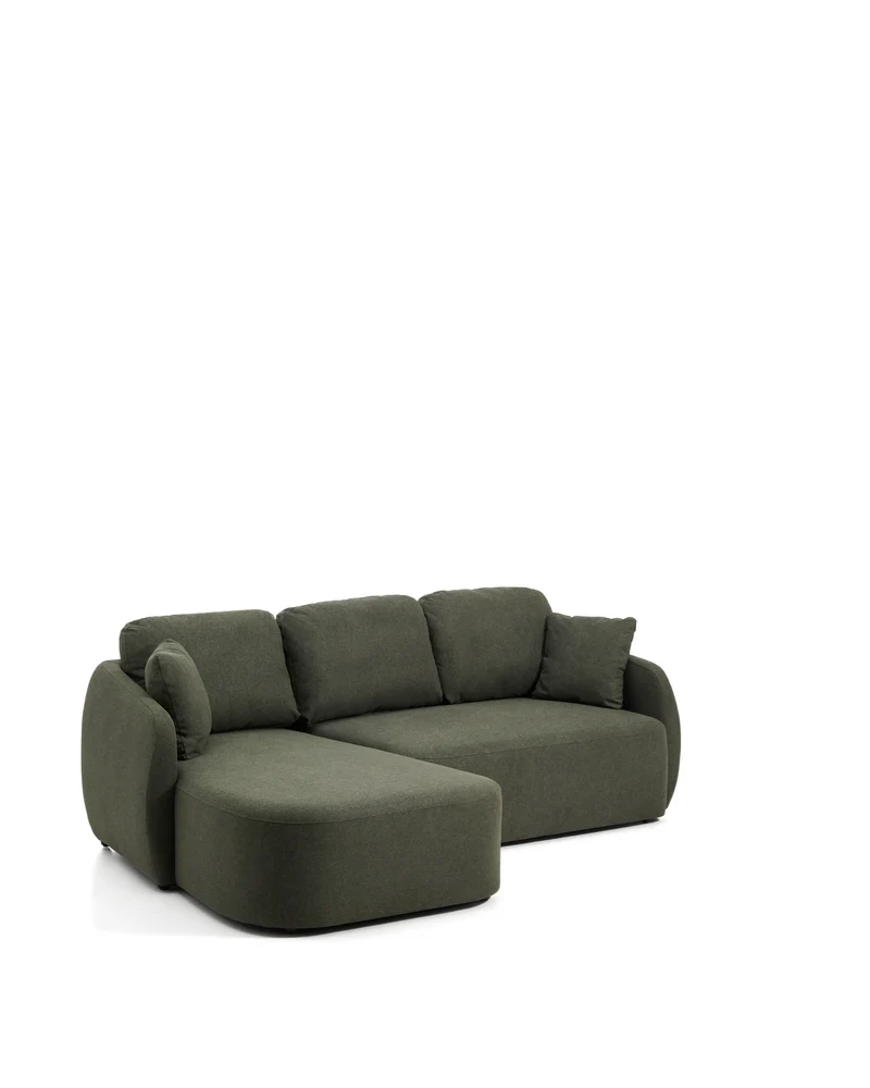 Laira 3-seater sofa bed with left chaise longue in dark green chenille 246cm FSC Mix Credit