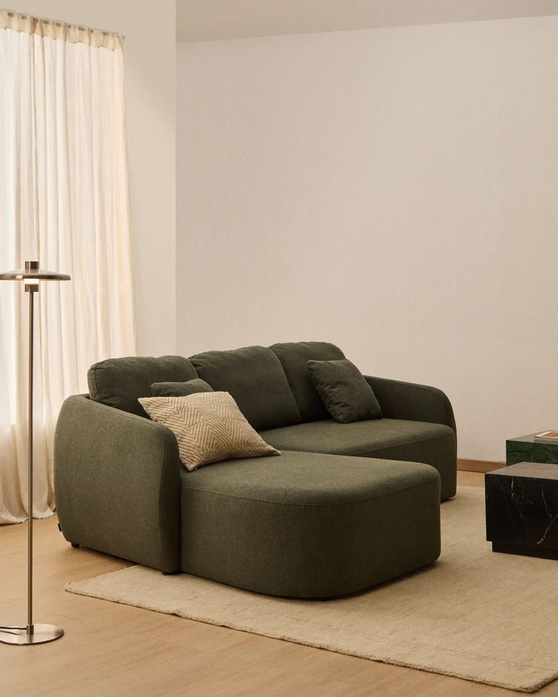 Laira 3-seater sofa bed with left chaise longue in dark green chenille 246cm FSC Mix Credit