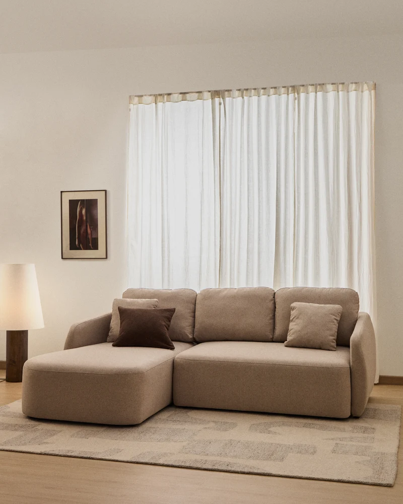 Laira 3-seater sofa bed with left chaise longue in beige chenille 246cm FSC Mix Credit
