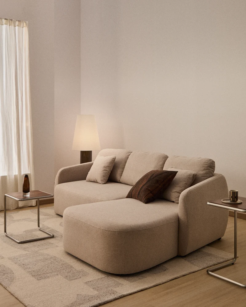 Laira 3-seater sofa bed with right chaise longue in beige chenille 246cm FSC Mix Credit