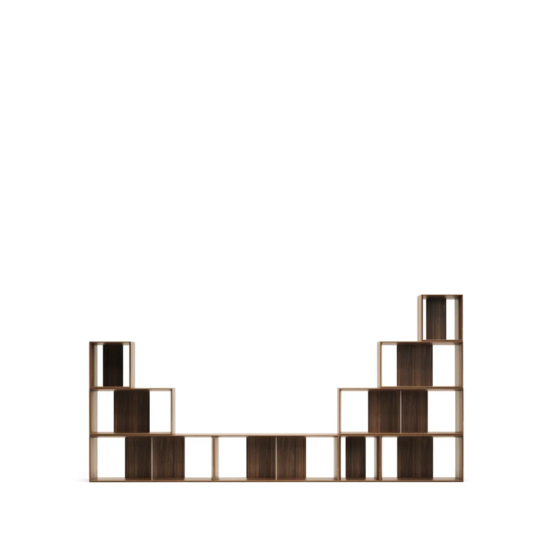 Litto set of 9 modular shelving units in walnut wood veneer, 202 x 114 cm