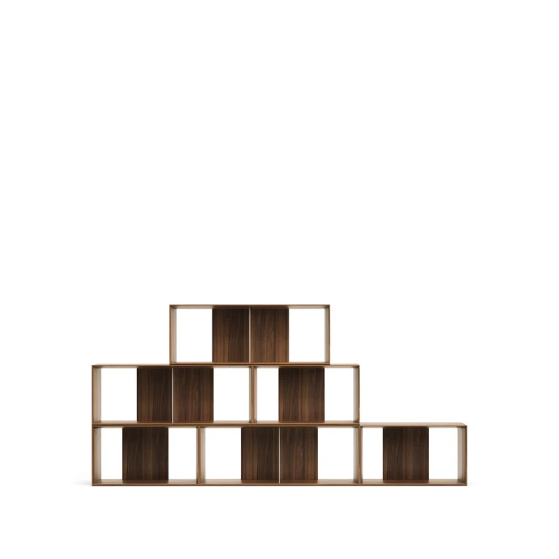 Litto set of 6 modular shelving units in walnut wood veneer, 168 x 114 cm