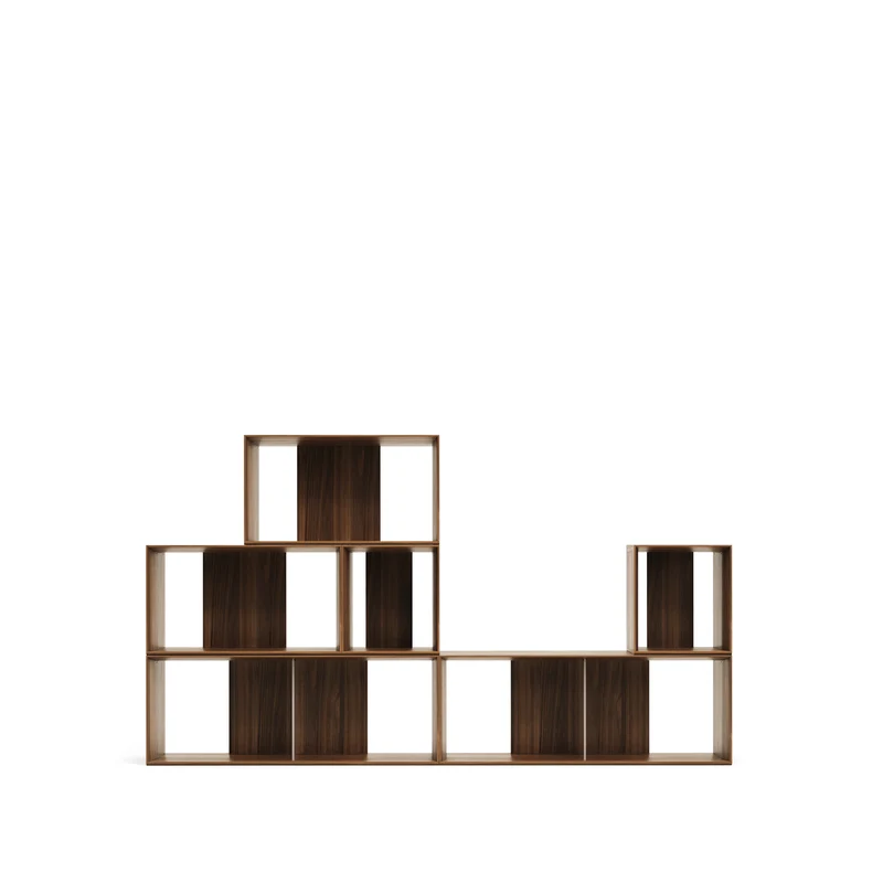 Litto set of 6 modular shelving units in walnut wood veneer, 101 x 152 cm