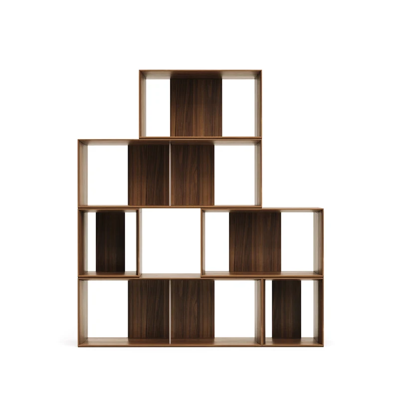 Litto set of 6 modular shelving units in walnut wood veneer, 101 x 152 cm