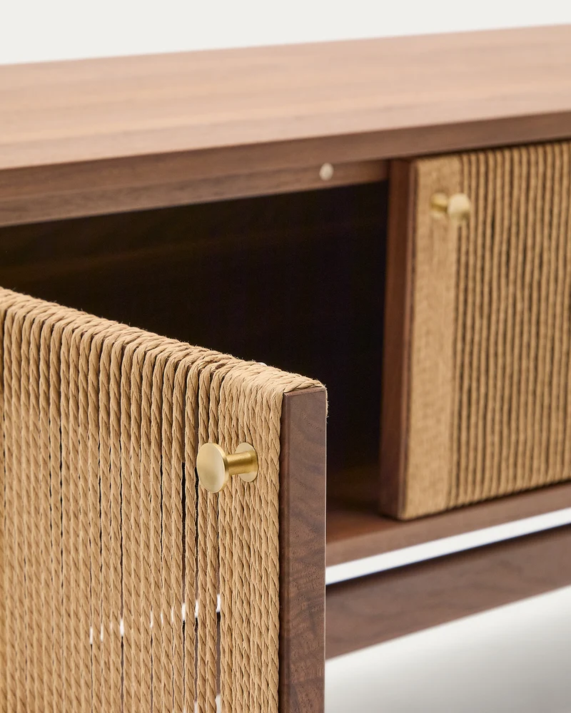 Elan TV cabinet 3 doors veneer and solid walnut and cord 200 x 50 cm FSC Mix Credit