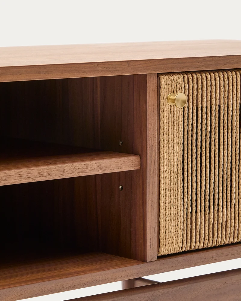 Elan TV cabinet 3 doors veneer and solid walnut and cord 200 x 50 cm FSC Mix Credit