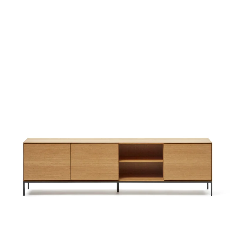 Vedrana 3-door TV stand in oak veneer with black steel legs, 195 x 55 cm