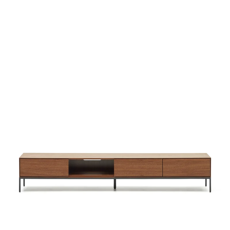 Vedrana 3 drawer TV stand in walnut veneer with black steel legs, 195 x 35 cm