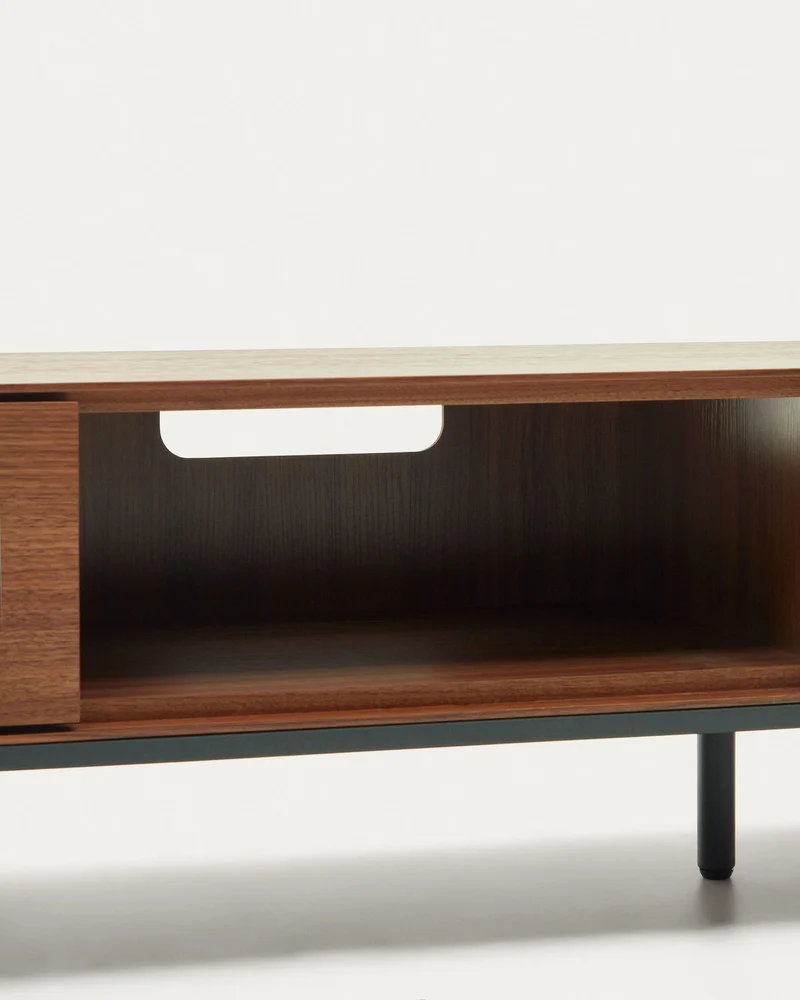 Vedrana 3 drawer TV stand in walnut veneer with black steel legs, 195 x 35 cm