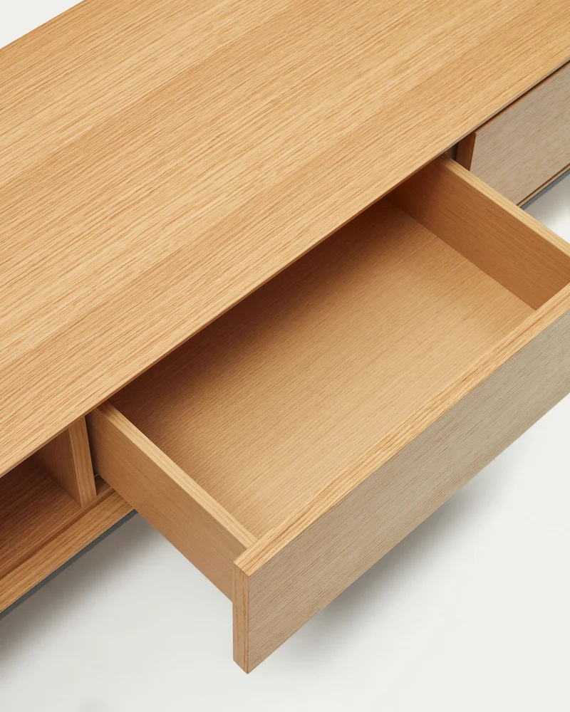Vedrana 3 drawer TV stand in oak veneer with black steel legs, 195 x 35 cm