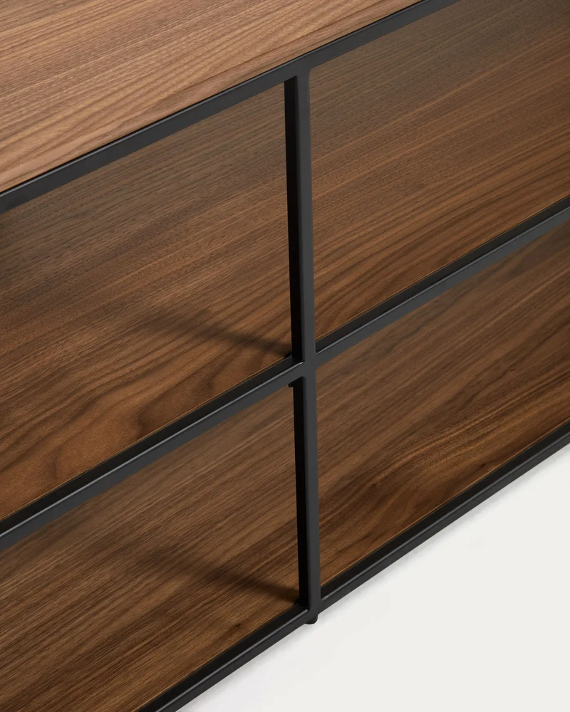 Yoana TV stand with a walnut veneer and painted black metal structure, 160 x 40 cm