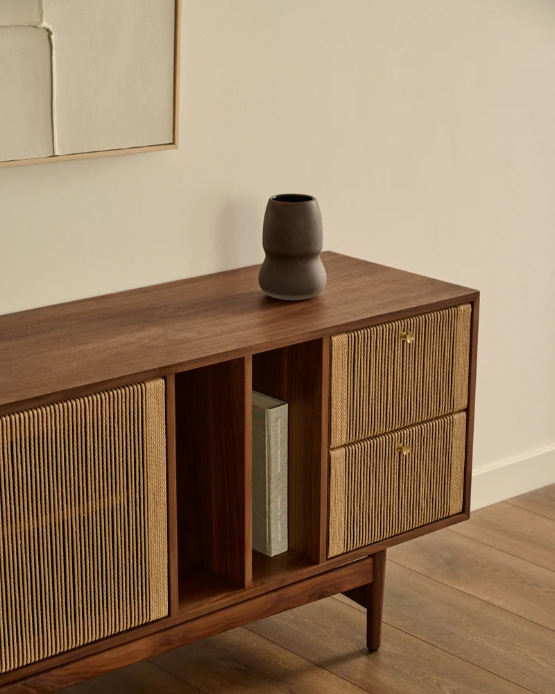 Elan sideboard 2 doors and 2 drawers veneer and solid walnut and cord 180x73cm FSC Mix Credit