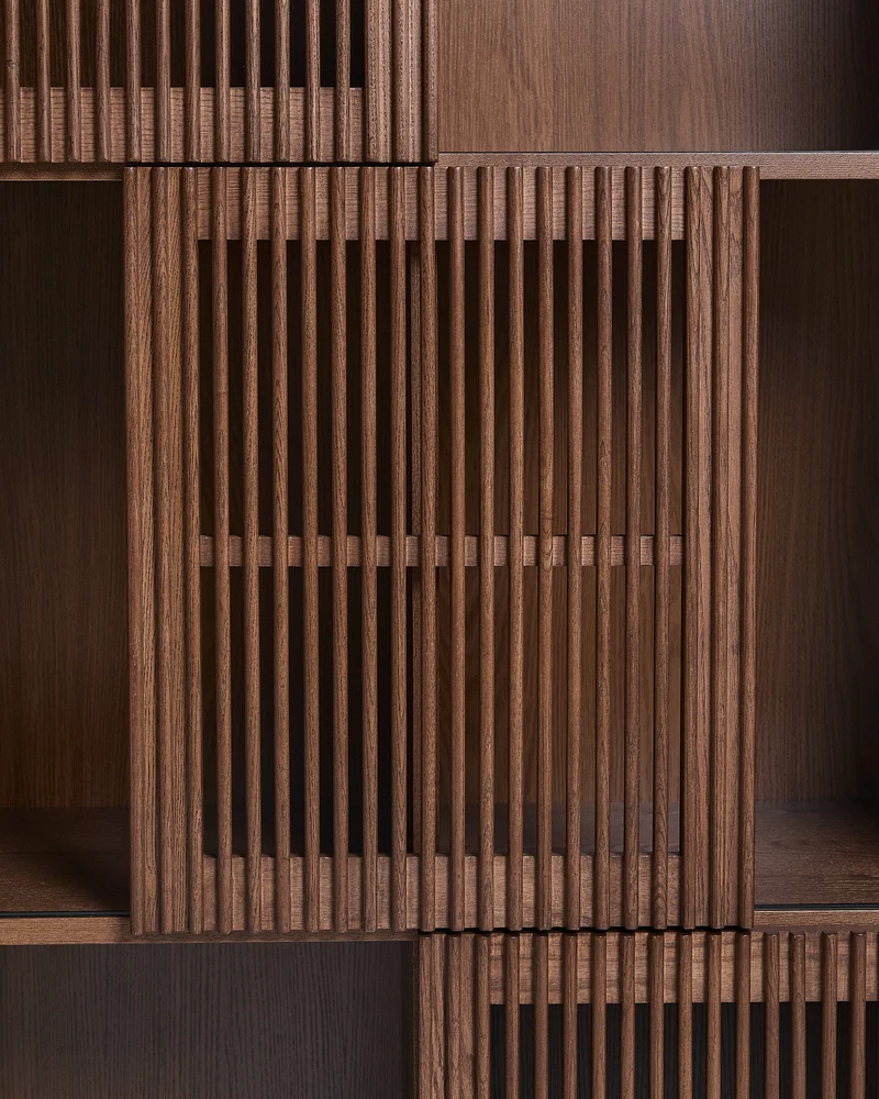 Beyla shelf unit in ash veneer and solid ash wood with walnut finish 84.5 x 170cm FSC 100%