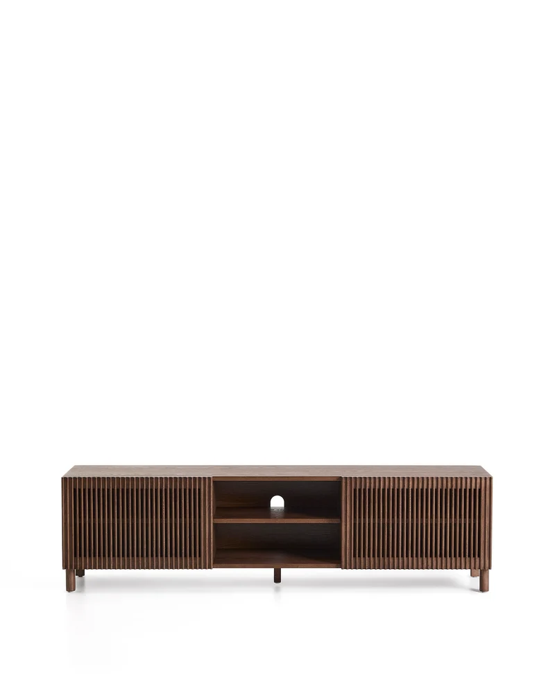 Beyla TV stand with 2 doors in ash veneer and solid ash wood with walnut-tone finish 180 x 49.5 cm FSC 100%
