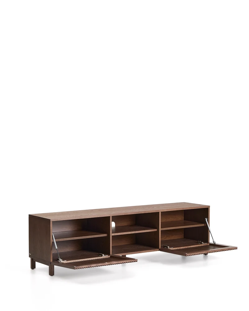 Beyla TV stand with 2 doors in ash veneer and solid ash wood with walnut-tone finish 180 x 49.5 cm FSC 100%