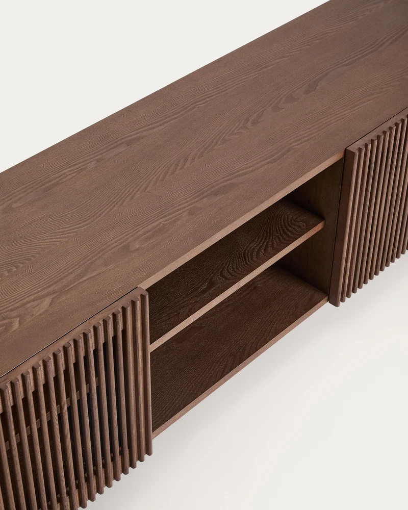 Beyla TV stand with 2 doors in ash veneer and solid ash wood with walnut-tone finish 180 x 49.5 cm FSC 100%