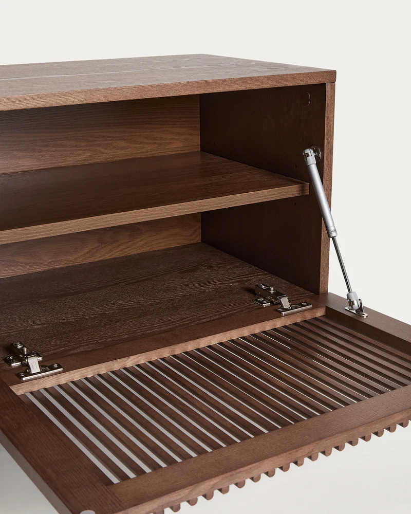 Beyla TV stand with 2 doors in ash veneer and solid ash wood with walnut-tone finish 180 x 49.5 cm FSC 100%