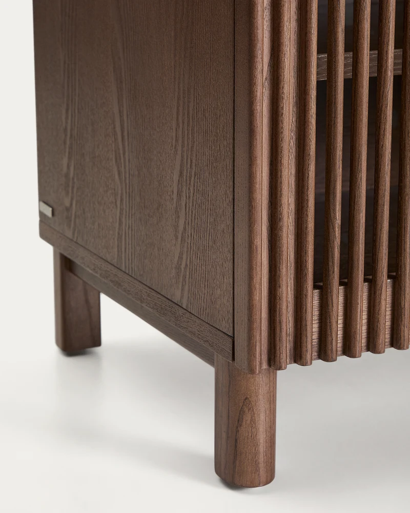 Beyla TV stand with 2 doors in ash veneer and solid ash wood with walnut-tone finish 180 x 49.5 cm FSC 100%