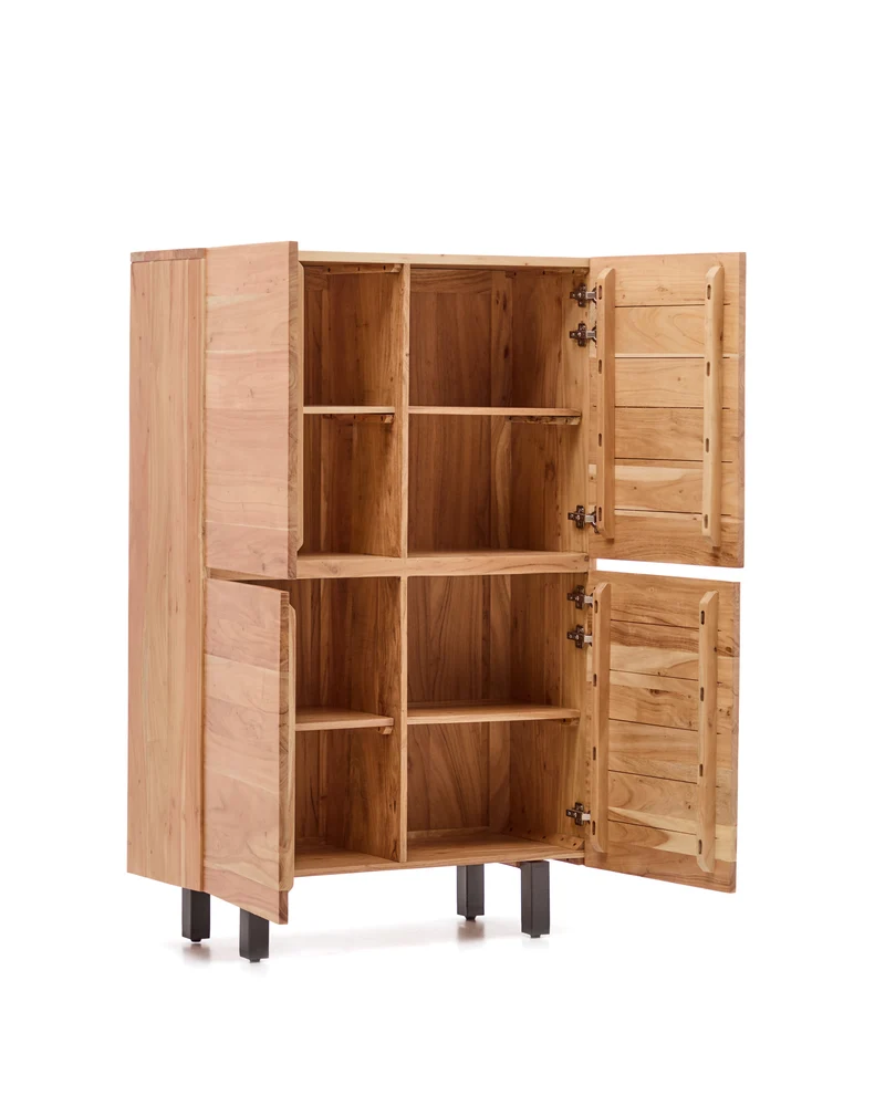 Uxue 4-door tall sideboard in solid acacia wood with bleached finish and black steel 100 x 155cm
