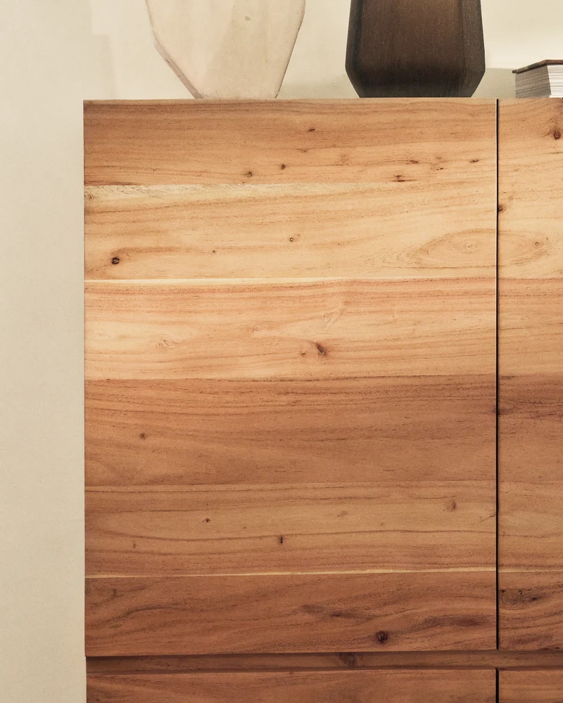 Uxue 4-door tall sideboard in solid acacia wood with bleached finish and black steel 100 x 155cm