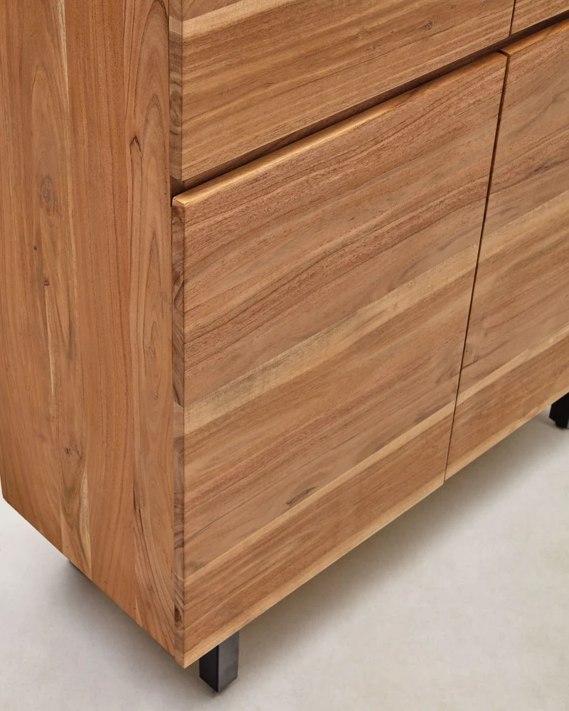 Uxue 4-door tall sideboard in solid acacia wood with bleached finish and black steel 100 x 155cm