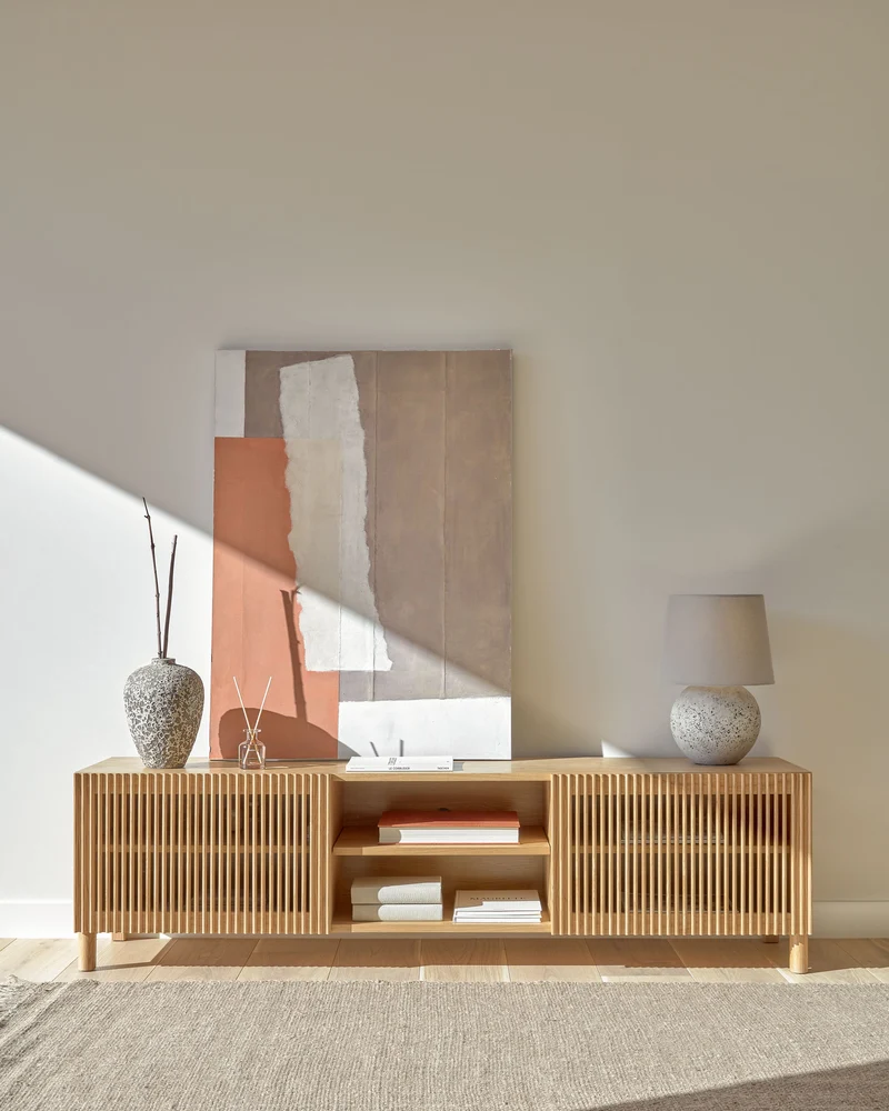 Beyla 2-door TV stand in solid ash wood and ash veneer 180 x 49.5 cm FSC 100%
