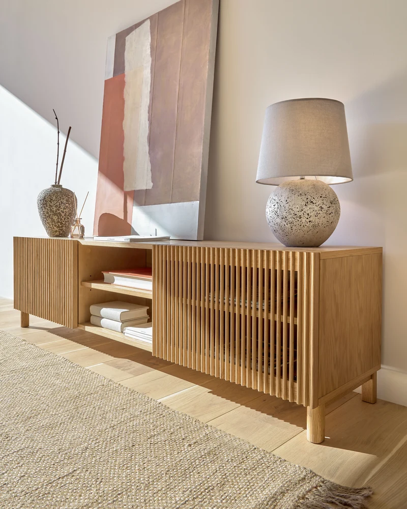 Beyla 2-door TV stand in solid ash wood and ash veneer 180 x 49.5 cm FSC 100%