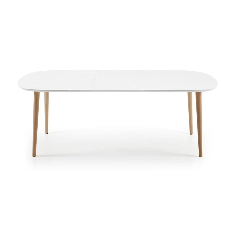 Oqui extendable oval table with an oak veneer and solid wood legs, Ø 160 (260) x 100 cm