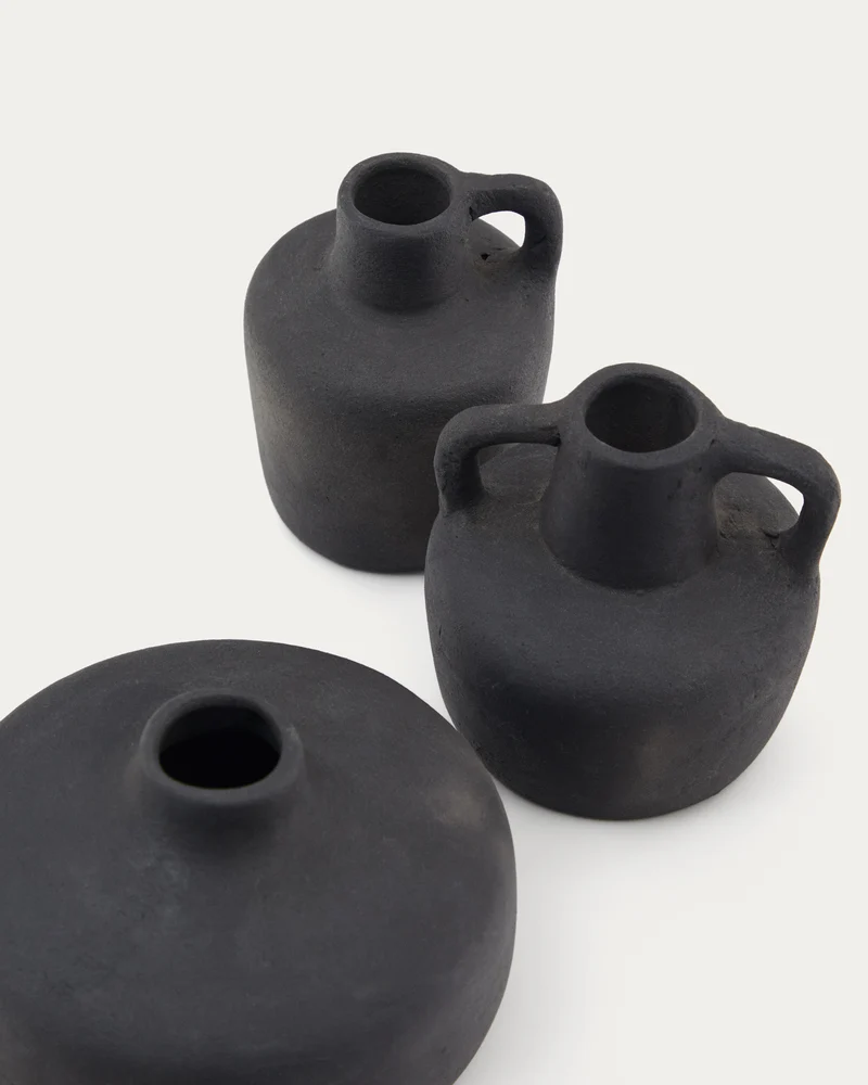 Sofra set of 3 terracotta vases in a black finish, 6 cm / 7 cm / 10 cm