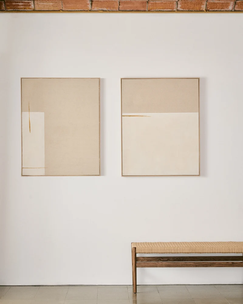 Salin abstract painting with a vertical beige linen stripe 80 x 100 cm
