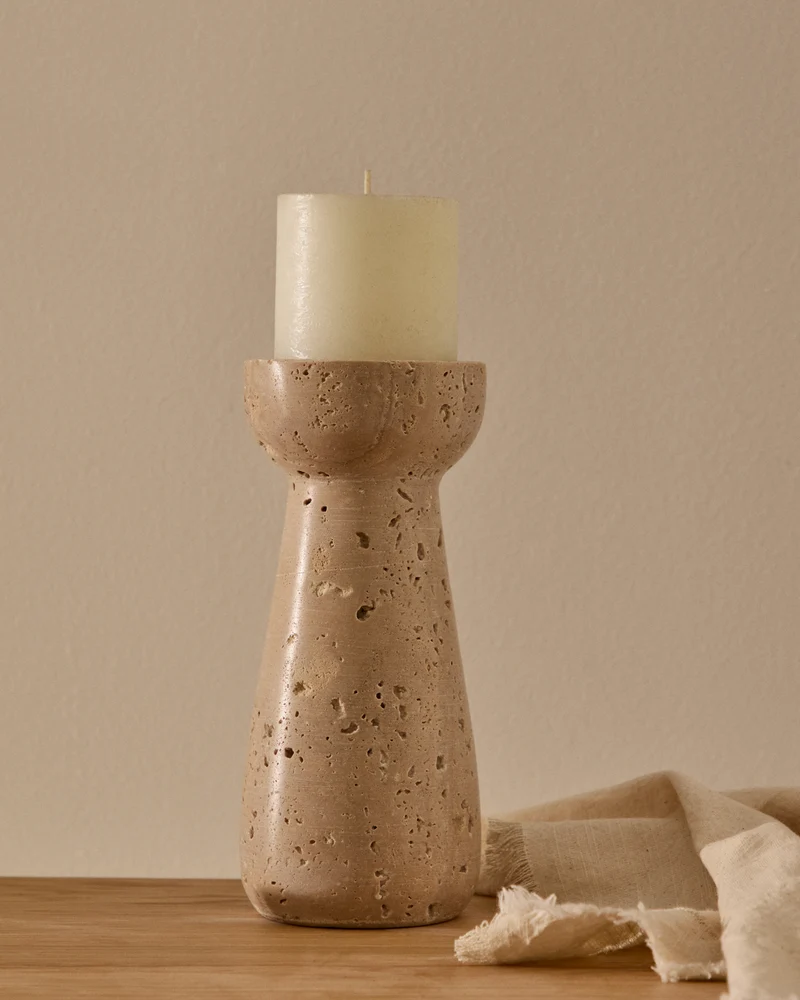Magan small beige travertine candle holder