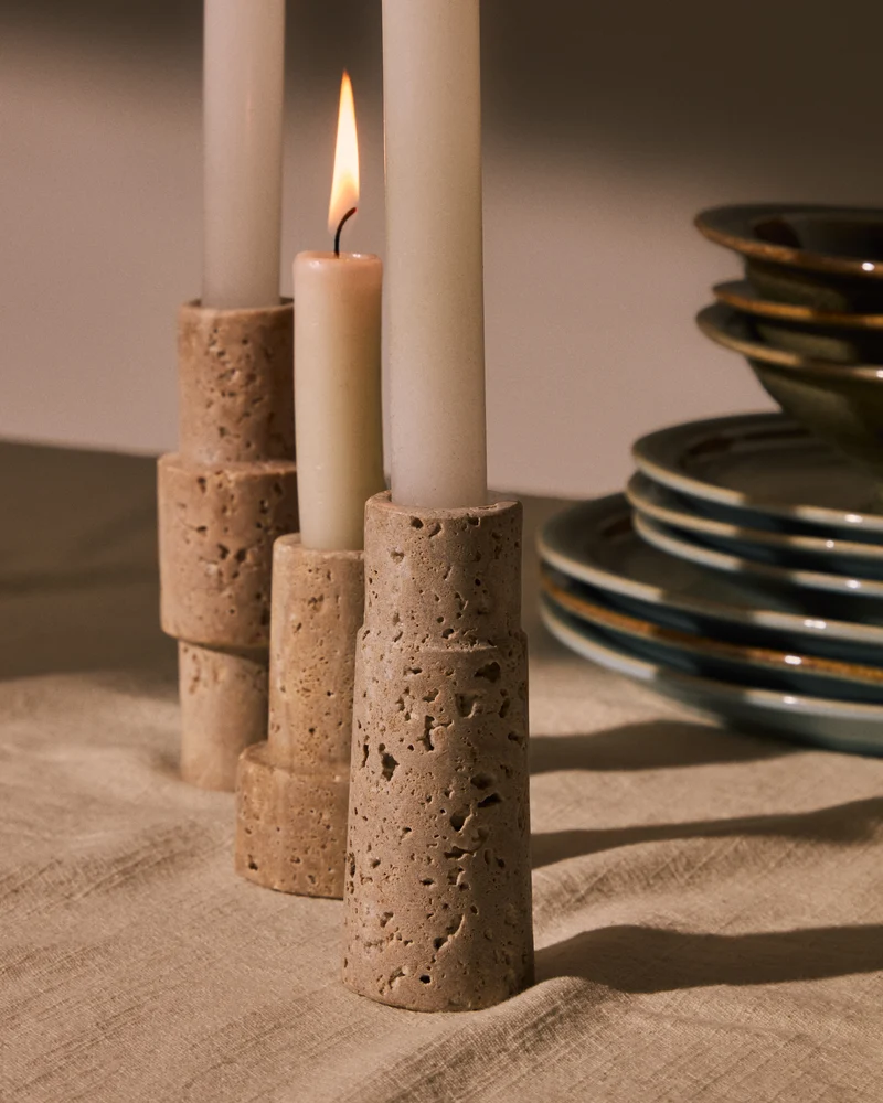 Majid set of 3 beige travertine candle holders