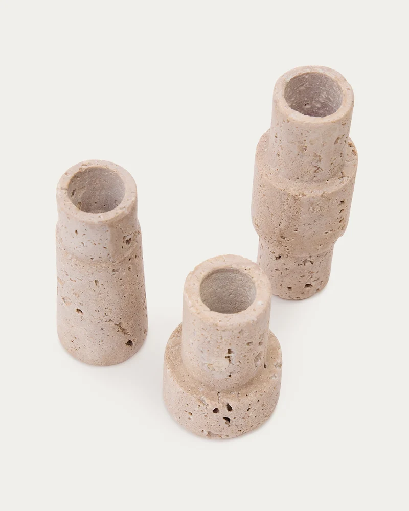 Majid set of 3 beige travertine candle holders