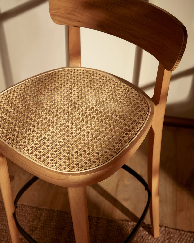 Romane stool beechwood stool with a natural finish, ash wood veneer and ratan seat 75 cm