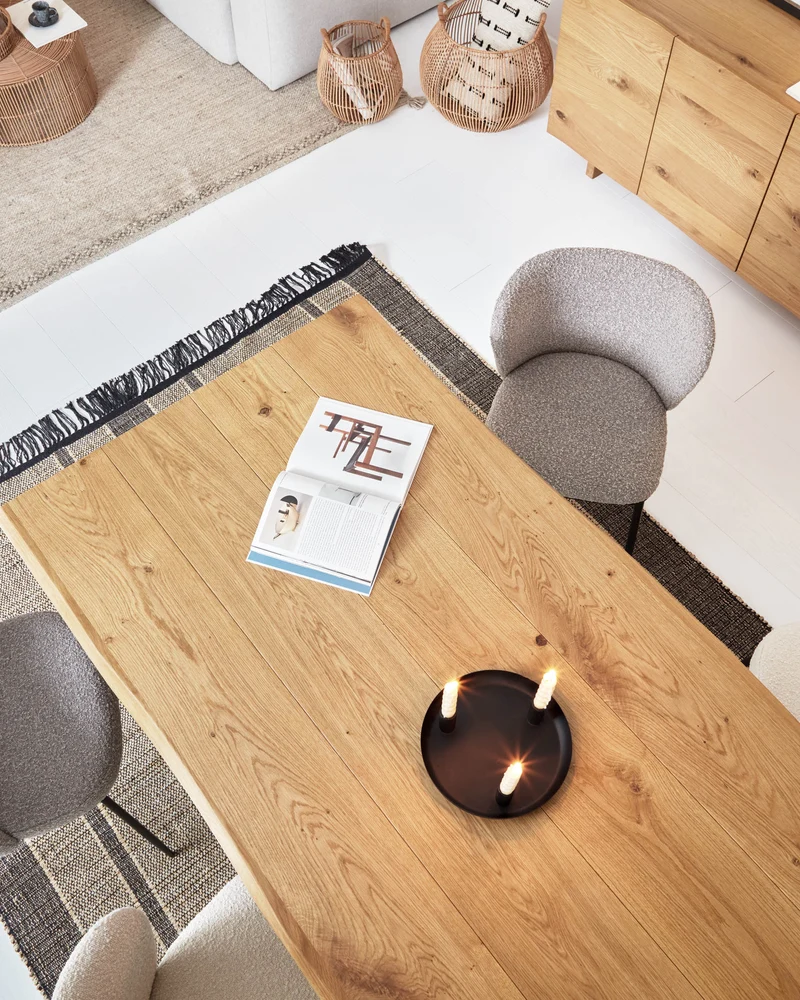 Lotty table in oak veneer with natural finish and glass legs 160 x 90 cm