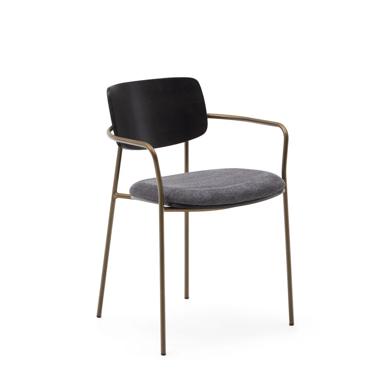 Maureen stackable chair in poplar plywood with dark tone finish and brass-finish metal, 100% FSC