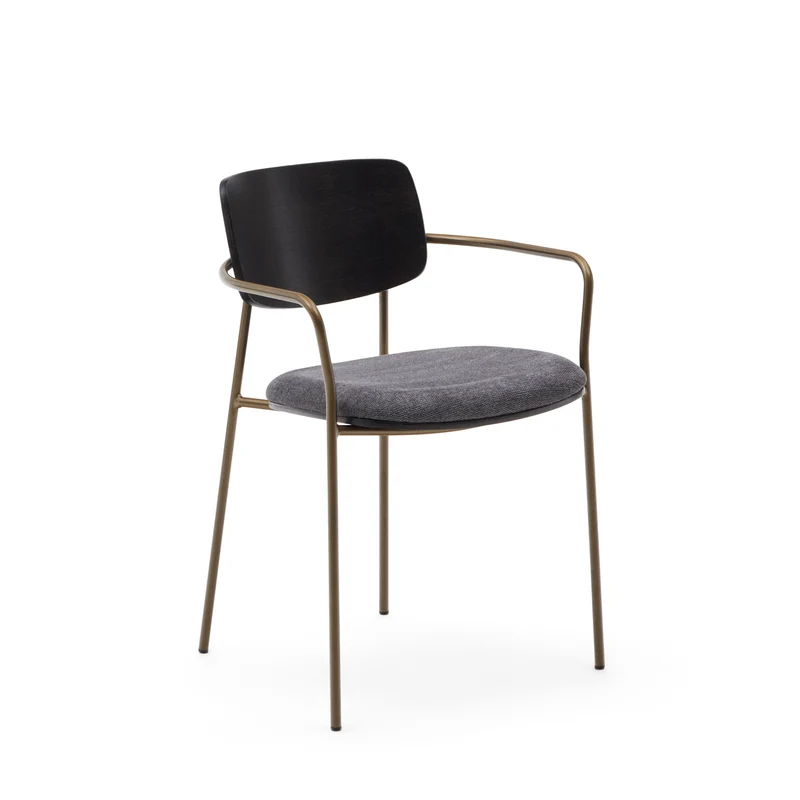 Maureen stackable chair in poplar plywood with dark tone finish and brass-finish metal, 100% FSC