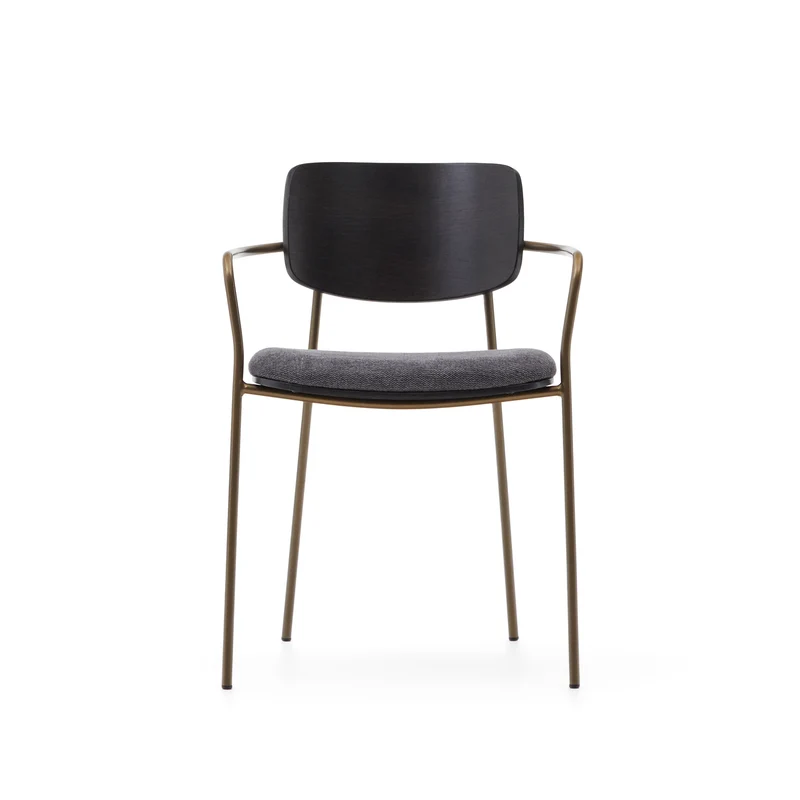Maureen stackable chair in poplar plywood with dark tone finish and brass-finish metal, 100% FSC