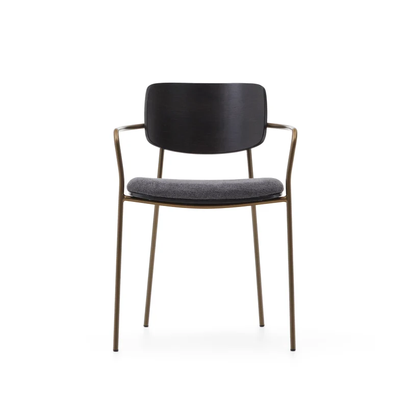 Maureen stackable chair in poplar plywood with dark tone finish and brass-finish metal, 100% FSC