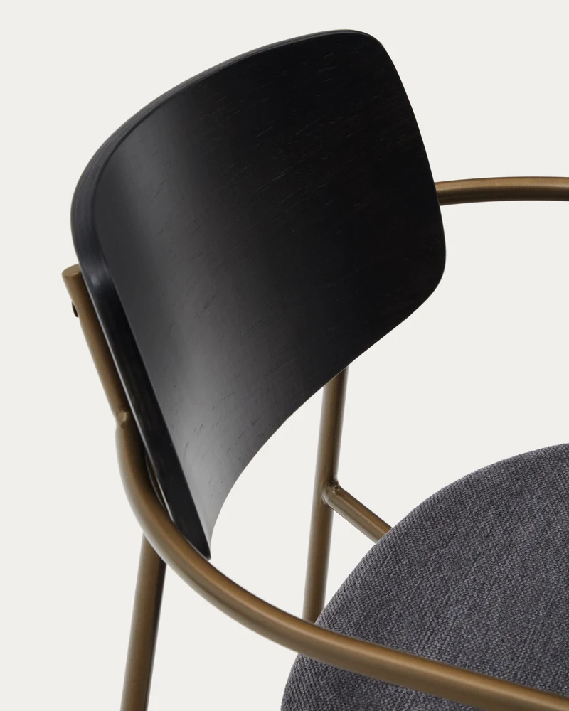 Maureen stackable chair in poplar plywood with dark tone finish and brass-finish metal, 100% FSC