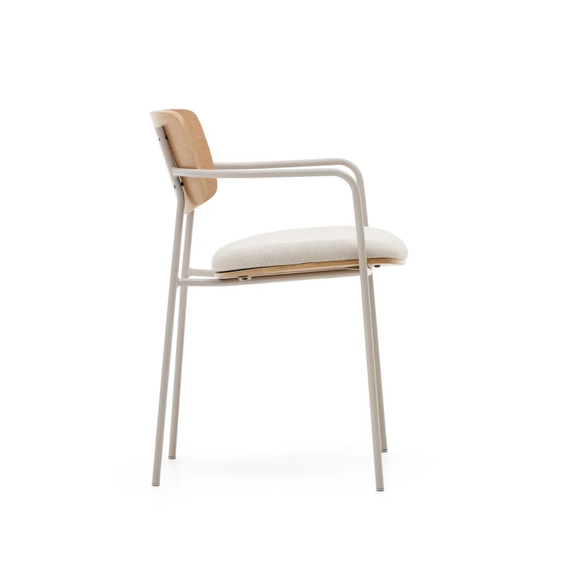 Maureen stackable chair in poplar plywood with light tone finish and beige metal legs, 100% FSC