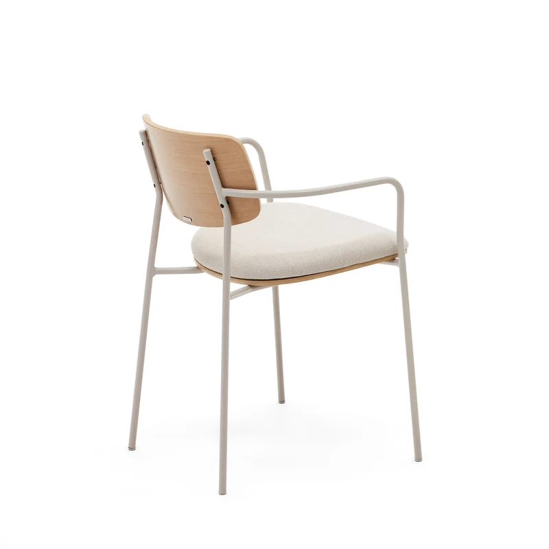 Maureen stackable chair in poplar plywood with light tone finish and beige metal legs, 100% FSC