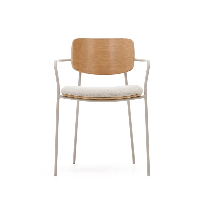 Maureen stackable chair in poplar plywood with light tone finish and beige metal legs, 100% FSC