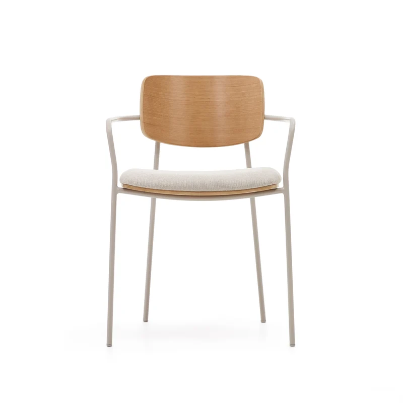 Maureen stackable chair in poplar plywood with light tone finish and beige metal legs, 100% FSC