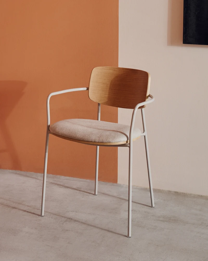 Maureen stackable chair in poplar plywood with light tone finish and beige metal legs, 100% FSC
