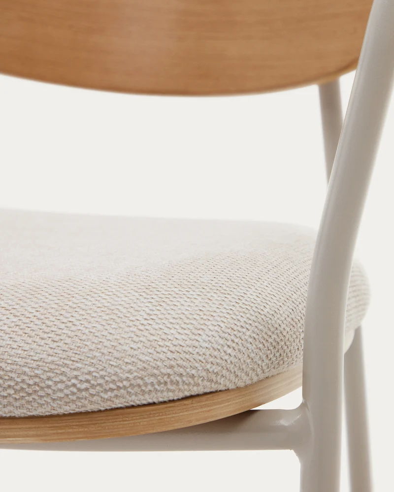 Maureen stackable chair in poplar plywood with light tone finish and beige metal legs, 100% FSC