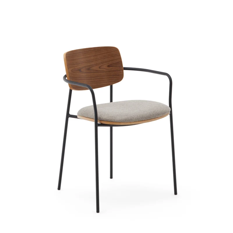 Maureen stacking chair in poplar plywood with warm tone finish and black metal legs, 100% FSC